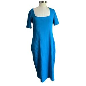 WRAY Square Neckline Turquoise Blue Ribbed Midi Sheath Dress Size XL